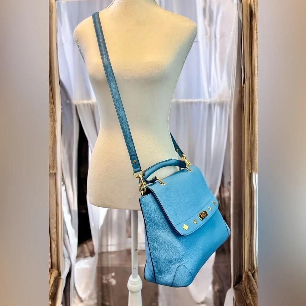 MCM Light Blue Leather First Lady Top Handle Satchel Crossbody Bag